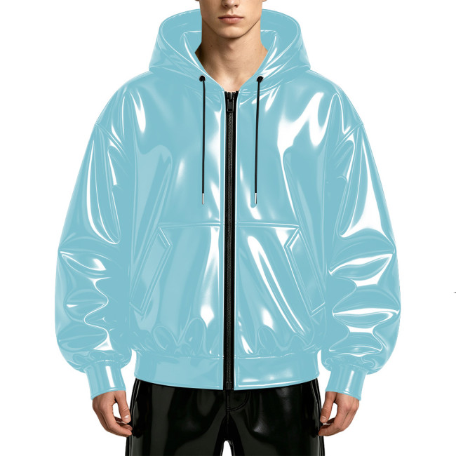 Mens Glossy Wet Look Faux Leather Hooded Jacket Full Zipper Drawstring Punk Club Oversized Jackets Rave Party Fashion Outerwear