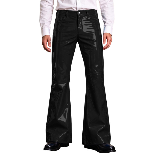 Men Bright Solid Color PVC Vinyl Leather Flared Pants High Waist Wet Look Bell Bottom Trousers Rave Party Nightclub Stage Outfit