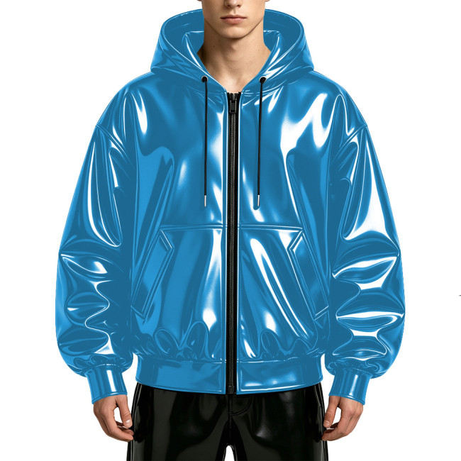 Mens Glossy Wet Look Faux Leather Hooded Jacket Full Zipper Drawstring Punk Club Oversized Jackets Rave Party Fashion Outerwear