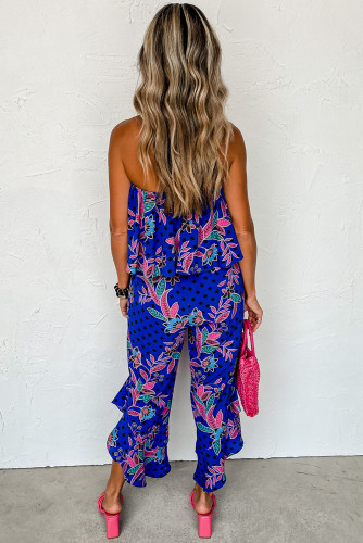 Mix Tropical Print Strapless Ruffled Jumpsuit