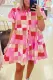 Pink Plaid Print Puff Sleeve Buttoned Tiered Dress