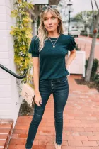 Blue Sapphire Solid Button Back Puff Short Sleeve Top