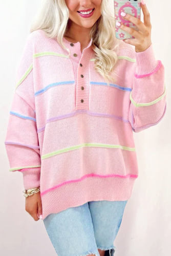 Rainbow Stripes Drop Shoulder Baggy Henley Sweater