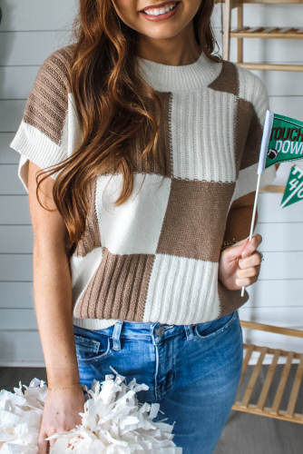 Checkered Color Block Crew Neck Short Sleeve Sweater