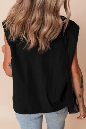 Black Flap Pockets Zip Up High Neck Vest