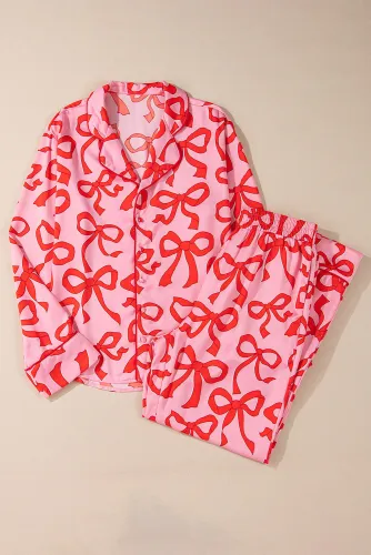 Pink 2pcs Bow Print Shirt Style Long Sleeve Pajama Set