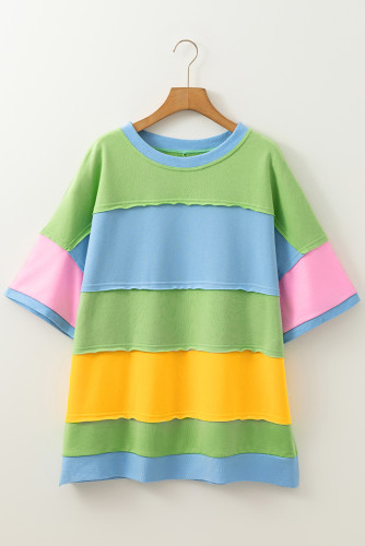 Light Blue Color Block Exposed Seam Patchwork Plus Size T Shirt