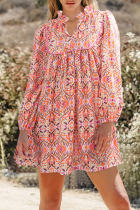 Abstract Printed Long Sleeve Tied Neckline Mini Dress