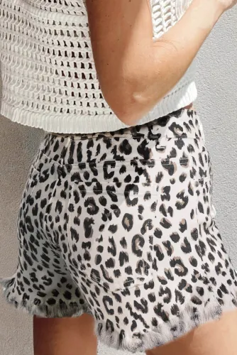 White Leopard Frayed Hem Denim Shorts