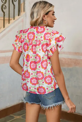 Rose Floral Ruffled Sleeve Ric-rac Trim Split Neck Loose Blouse
