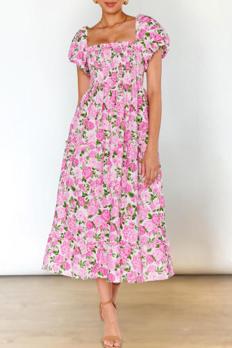 Pink Dainty Floral Smocked Puff Sleeve Flowy Long Dress