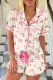 Beige Bow Fruit Print Contrast Pipping Short Pajamas Set