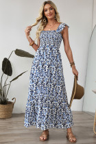 Sky Blue Boho Print Smocked High Waist Maxi Dress