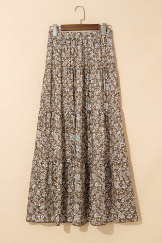 Brown Western Floral Print Ruffled Hem High Waist Loose Maxi Skirt