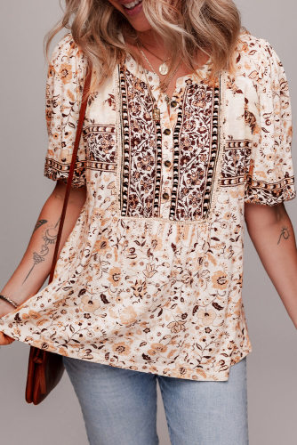 Khaki Boho Floral Print Half Placket Short Sleeve Loose Blouse
