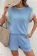 Beau Blue Corded Knit Contrast Trim Round Neck Cap Sleeve 2pcs Short Set