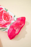 Rose Floral Frilled V Neck Short Sleeve Blouse Top