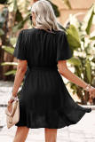 Black Pleated Round Neck Butterfly Sleeve Ruffle Trim Belted Mini Dress