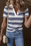 Dark Blue Stripe Collared Button V Neck Knitted T Shirt