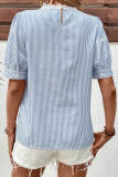 Sky Blue Stripe Floral Lace Splicing Puff Sleeve Blouse
