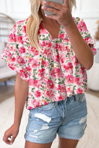 Pink Floral Boxy Fit Ruffled Short Sleeve V Neck Blouse