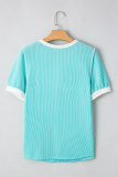 Turquoise Corded Colorblock Buttons Henley T Shirt