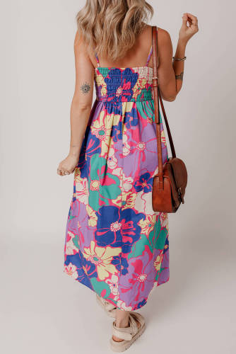 Purple Floral Print Shirred Spaghetti Strap Loose Maxi Dress