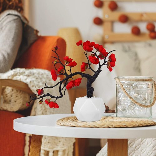 Artflower Plum Blossom Artificial Silk Flowers 2 Pack Simulation Flower with Ceramic Vase Fake Plant Potted Arrangement for Home Wedding Office DIY Living Room Party Garden Decoration (Red Color)