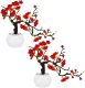 Artflower Plum Blossom Artificial Silk Flowers 2 Pack Simulation Flower with Ceramic Vase Fake Plant Potted Arrangement for Home Wedding Office DIY Living Room Party Garden Decoration (Red Color)