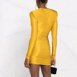 2022 New Arrival long sleeve luxury mini dress ruched satin wrap dress for women