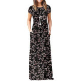 Women's plus size short-sleeved floral casual maxi dress loose solid color long dress with pockets