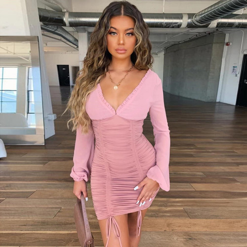 Women's Long Sleeve Bodycon Dress V Neck Sexy Mini Party Dress Open Back Pleated Slim Fit Bandage Short Dress