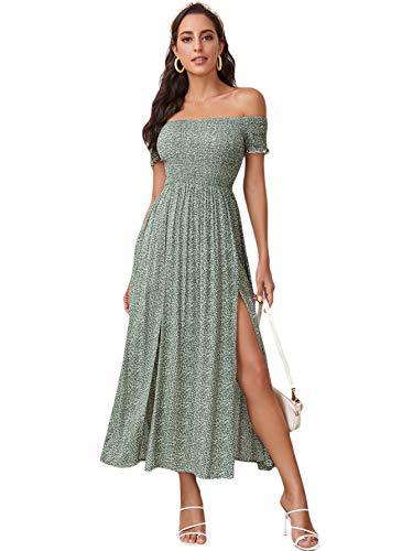 Floerns Women's Boho Floral Print Off Shoulder Split Long A Line Dress