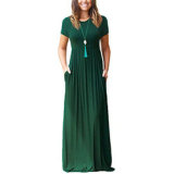 Women's plus size short-sleeved floral casual maxi dress loose solid color long dress with pockets