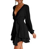 Cosonsen Women's Dress Deep V-Neck Long Sleeve Waist Tie Ruffle Mini Swing Skater Dresses