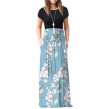 Women's plus size short-sleeved floral casual maxi dress loose solid color long dress with pockets