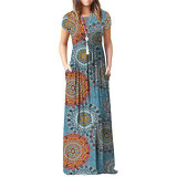 Women's plus size short-sleeved floral casual maxi dress loose solid color long dress with pockets