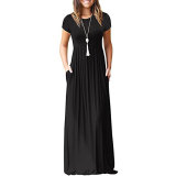 Women's plus size short-sleeved floral casual maxi dress loose solid color long dress with pockets