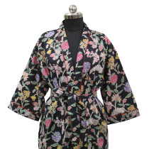 Black Floral Printed Kimono Robe Long Maxi Dress Handmade Cotton Bridesmaid Dress Beachwear Bathrobes