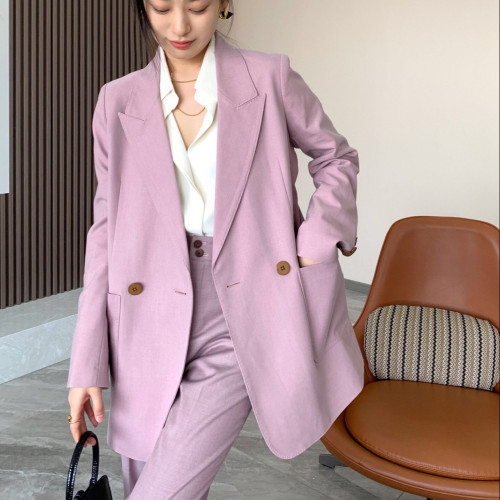 Factory Wholesale Flax Women's style Pink Easy Double-breasted Man 's suit Loose coat Office clothing