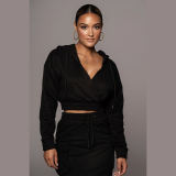 Hoodies Manufacturer Two Piece Set Women Long Sleeve Sexy Crop Top Hoodie And Skirt Suit Soild Color Hoodies Set Women