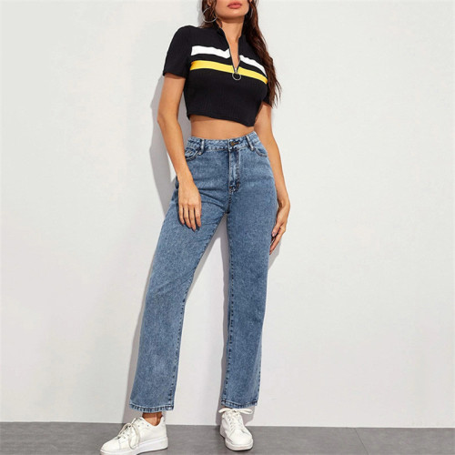 JS003 Wholesale Women Custom Solid High Rise Mom Jeans