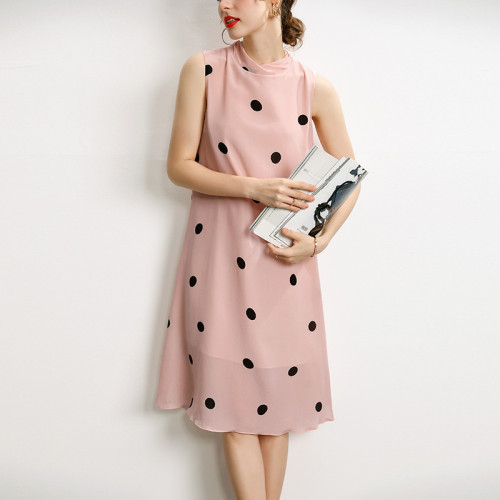 New Design Summer Wear Women Dress Office Ladies Casual Wear Elegant Style Lacing Loose Pink Polka Dot Dress