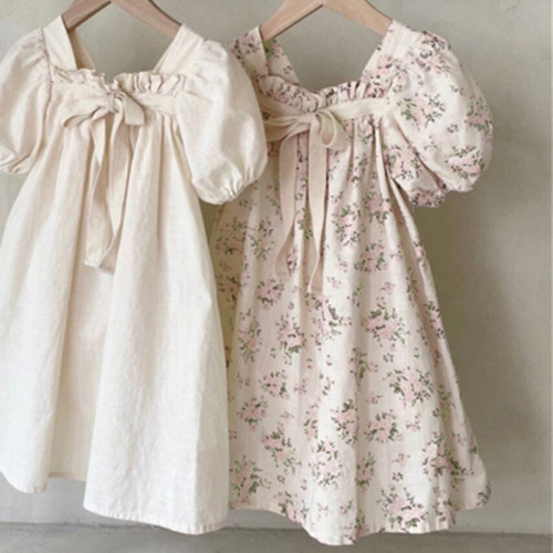 Summer Boutique Square-neck Adjustable Bow Bubble Sleeves  Floral Print Dress For Girl Baby  Clothes Dress For Kids