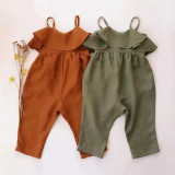 Ins Popular Style Cotton And Linen Suspenders Flounces Side Jumpsuit Bulk Wholesale Baby Clothes For Kids Girls Baby