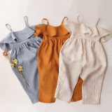 Ins Popular Style Cotton And Linen Suspenders Flounces Side Jumpsuit Bulk Wholesale Baby Clothes For Kids Girls Baby