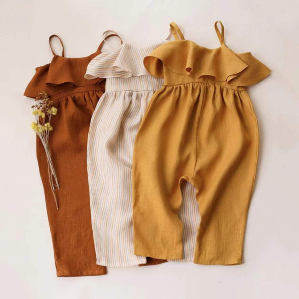 Ins Popular Style Cotton And Linen Suspenders Flounces Side Jumpsuit Bulk Wholesale Baby Clothes For Kids Girls Baby