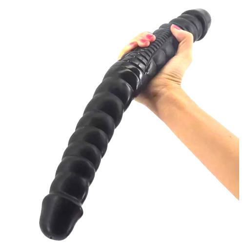 16.5 Inch Black Ribbed Double Ended PVC Dildo