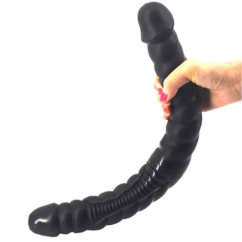 16.5 Inch Black Ribbed Double Ended PVC Dildo