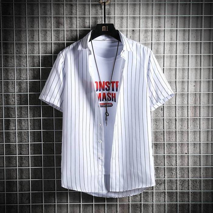 【M-4XL】2021新款韓版條紋修身彈力襯衫，品質做工，帥氣有型，聚會/出行/旅遊皆適宜！